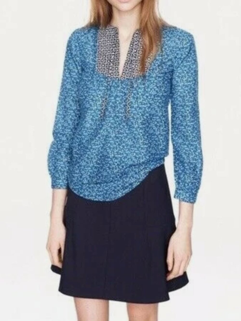 J Crew Peasant Top Blouse Size 6 Blue Floral Cotton Silk Bib Cottagecore Airy